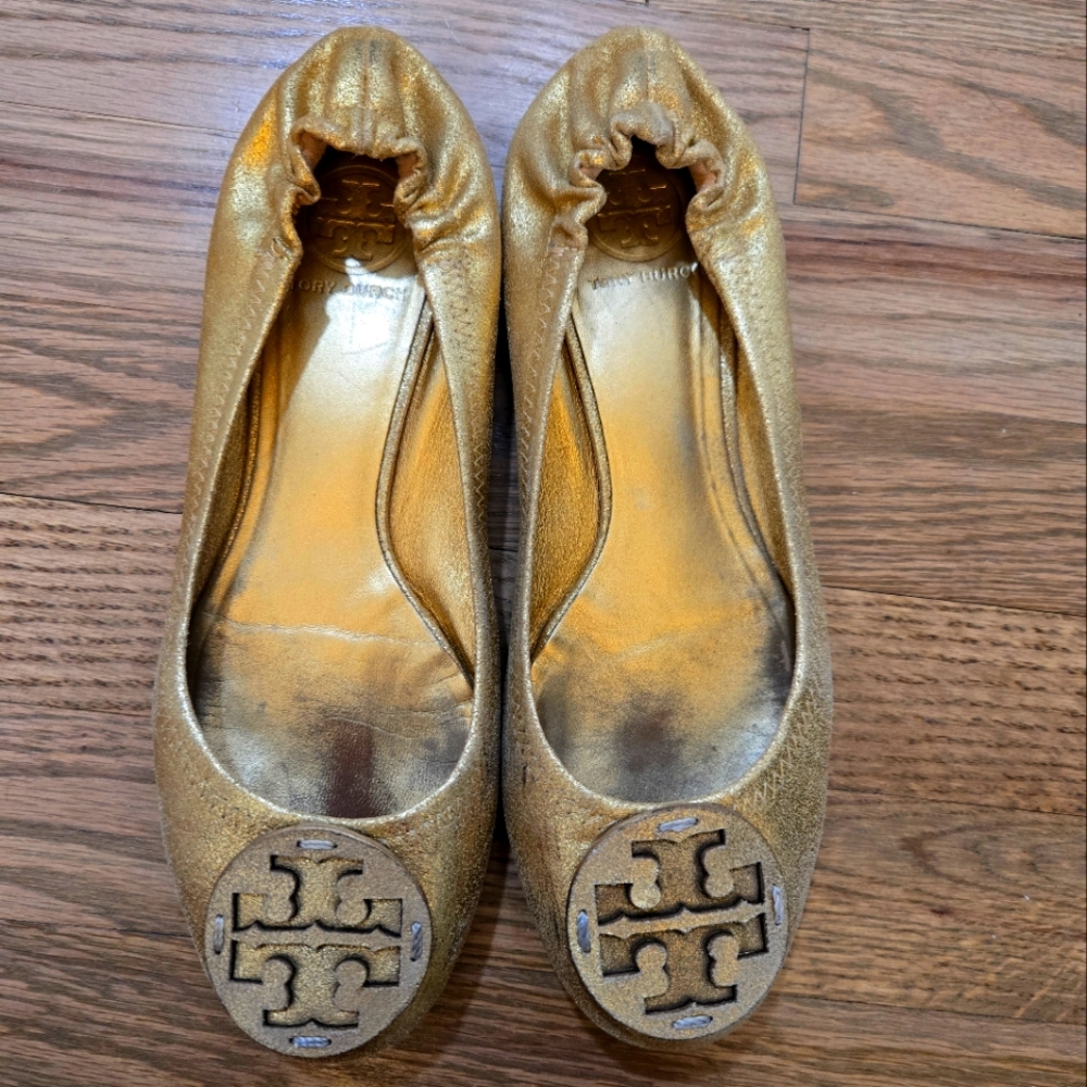 Tory Burch Gold Reva Pebbled Leather Ballet Flats